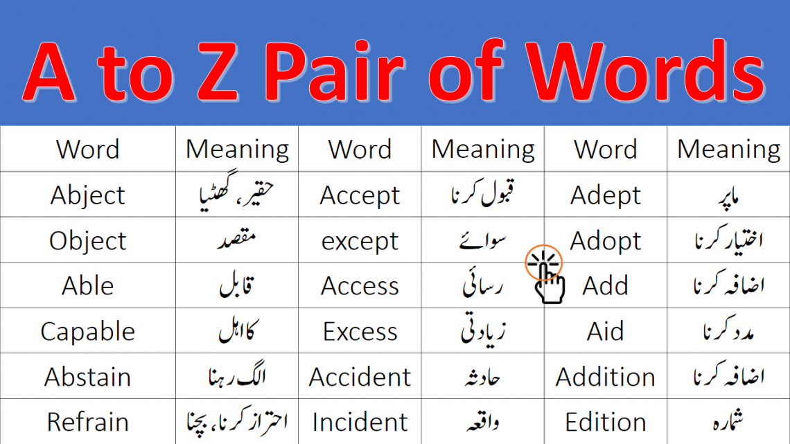 A to Z Pair of Words with Urdu Meanings PDF learn 501 pair of words for class 9th, 10, 2nd year with their meanings in Urdu these words are also called homophones and confusing words in English. Pair of words are categorized in English vocabulary they are important in many ways especially for preparation of various exams for example competitive exams like C.S.S, PMS, PPSC, FPSC, NTS, OTS, UPSC, and other exams as well for improving English vocabulary skills.