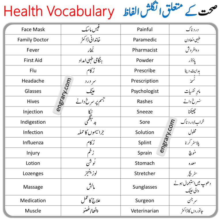 Health Vocabulary Words With Urdu Meanings • Engrary