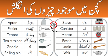 Kitchen Utensils Vocabulary Words in English and Urdu learn list of kitchen things names in Urdu equipment, tools and items used in kitchen with their pictures.