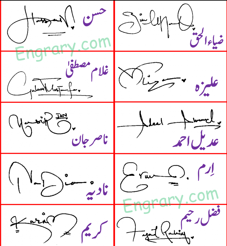 Hassan Signature, Zia ul Haq Signature, Ghulam Mustafa Signature, Aleeza Signature, Nasir jan Signature, Adeel Ahmad Signature, Nadia Signature, Irum Signature, Kareem Signature, Fazal Raheem Signature