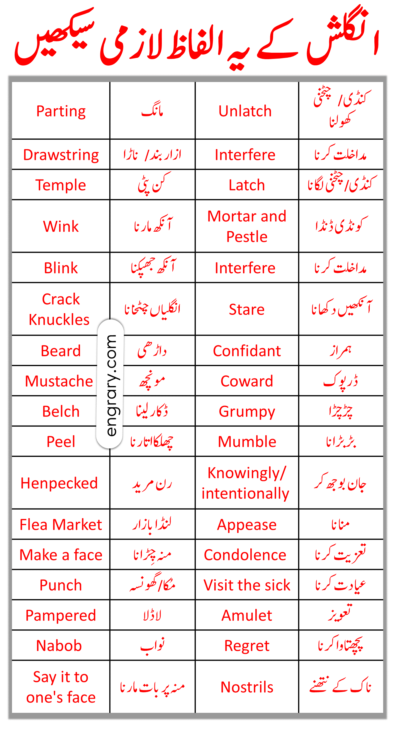 50 Most Commonly Used English Words with Urdu Meanings  Good vocabulary  words, English vocabulary words learning, Good vocabulary