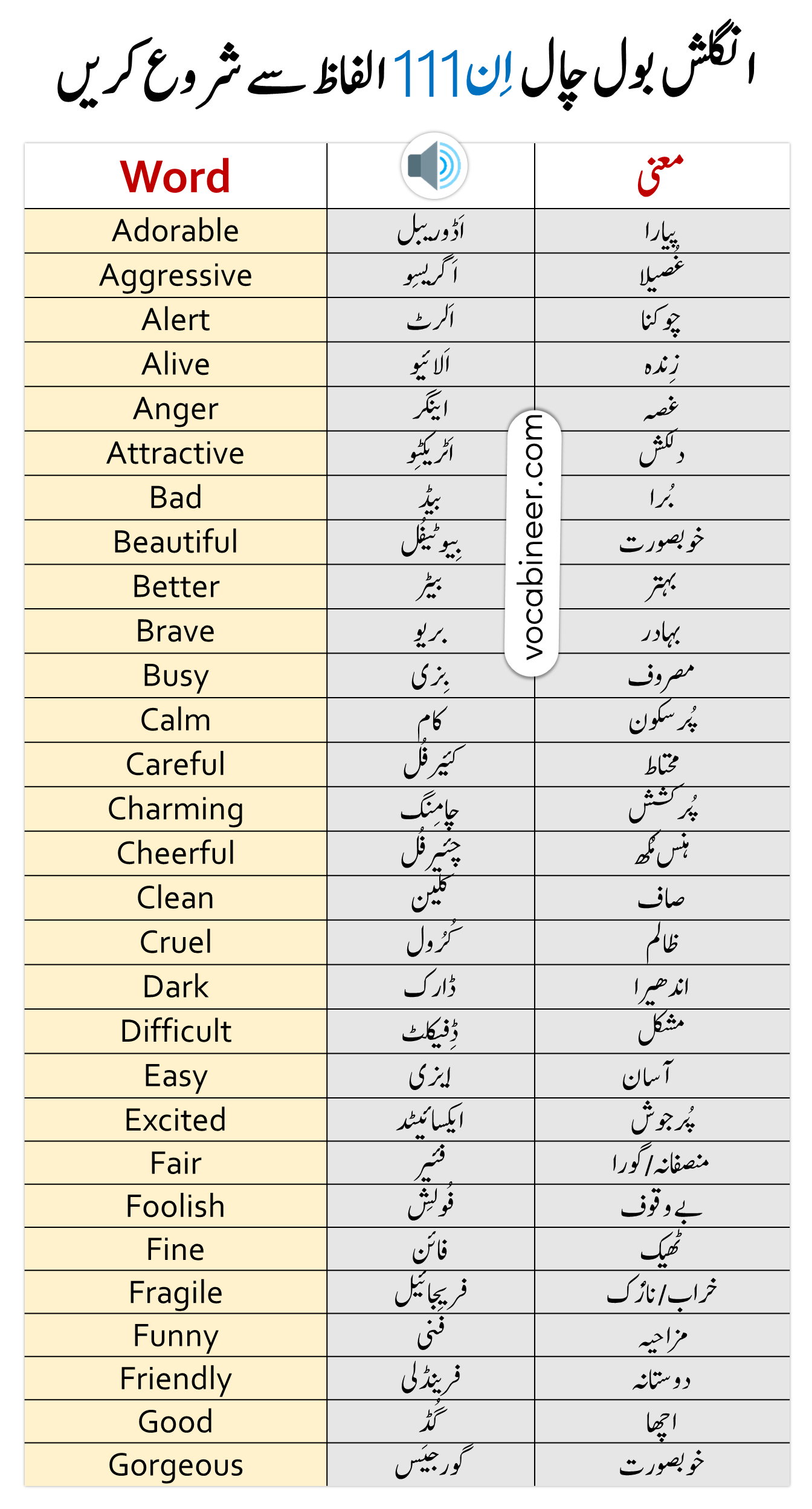 111 English Words Meaning In Urdu With Pronunciation And PDF Engrary