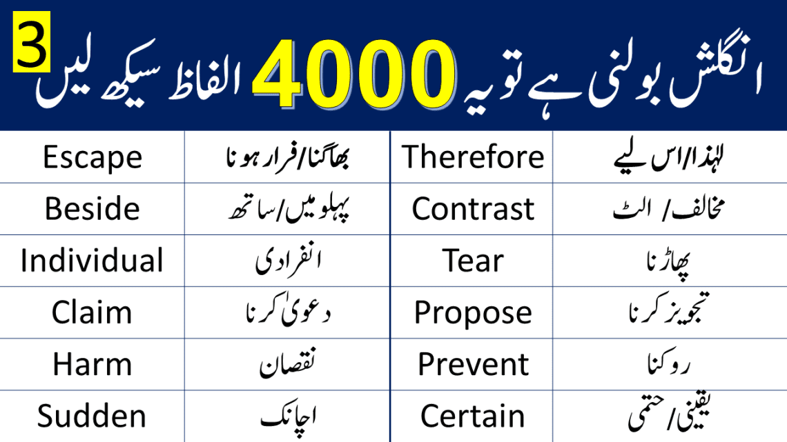 4000 English Vocabulary Words with Urdu Meanings Class 3